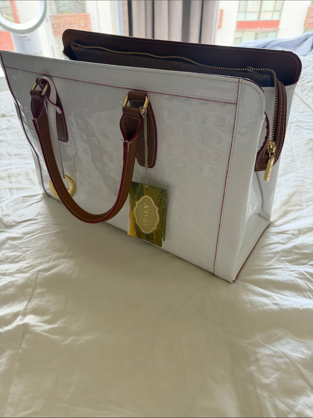 Arcadia White Patent Tote with Brown Trim and Gold Hardware